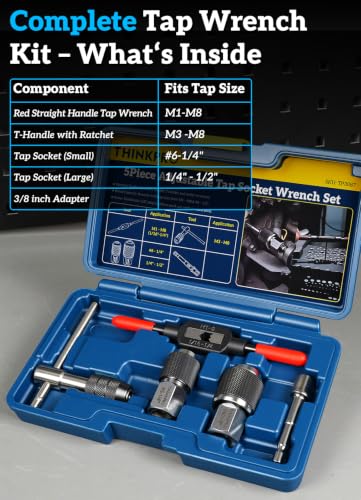 Thinkpro 5-piece tap wrench set with adjustable tap socket and T-handle for tap extraction