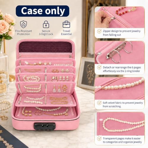 Pink fireproof travel jewelry organizer case with lock and six binder pages, by Zynqur, for safe jewelry storage.