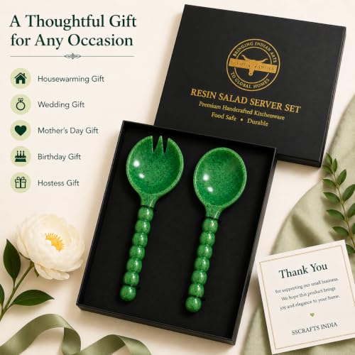 SS CRAFTS INDIA Premium Resin Salad Server Set (2 Pcs, 11.5-Inch) – Elegant Beaded Handle Serving Spoon & Fork, Kitchen Utensils for Salad, Pasta & Fruits, Unique Housewarming & Wedding Gift – Green