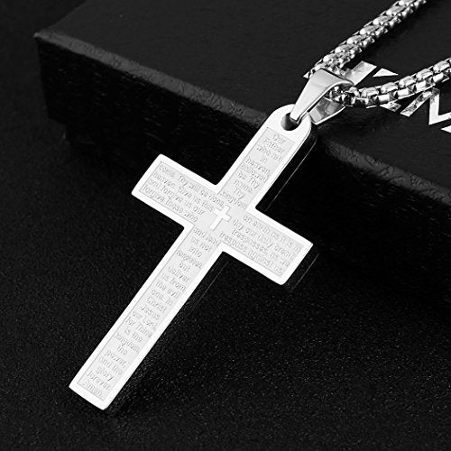 HZMAN Stainless Steel Cross Necklace for Men Women Inspiring Lord's Prayer Cross Pendant Jewelry Gift Silver