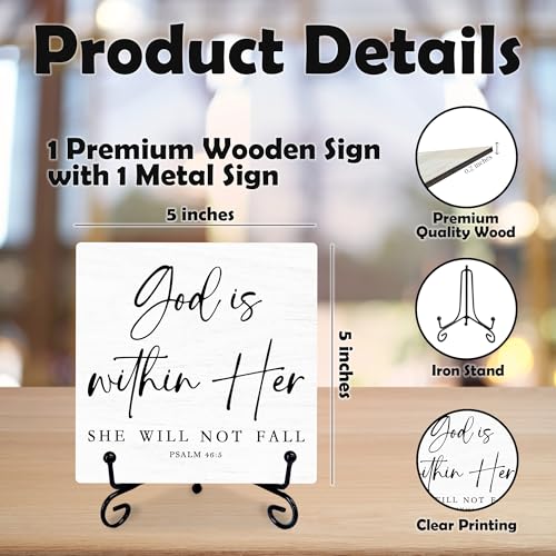 God Is Within Her She Will Not Fall - Rustic Wooden Sign with Metal Stand - 5'' Bible Verse Wooden Plaque - Christian Religious Gift for Women Men - Farmhouse Home Office Tabletop Shelf Decor - B03 God