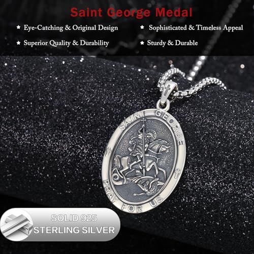 925 Sterling Silver Patron Saint Medal Necklaces with 22"+2" Rolo Chain Silver Oxided 18b-St George
