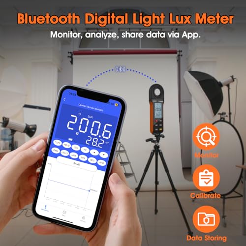 BTMETER Illuminance Light Meter with Bluetooth, orange lumen photometer tester display