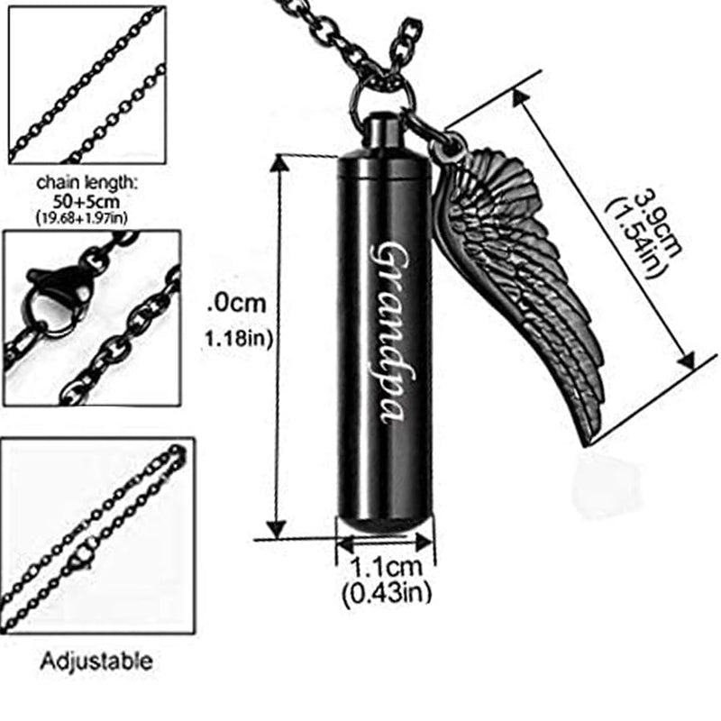 Black Bullet Urn Necklaces for Ashes Angel Wing Charm Cremation Jewelry Stainless Steel Keepsake Memorial Pendant Grandpa
