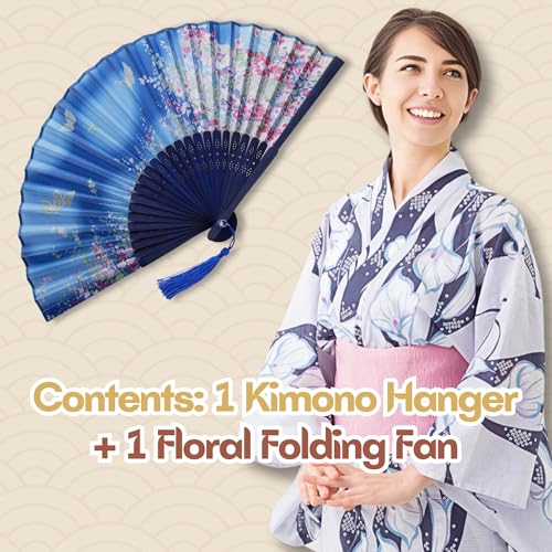 Blue butterfly Japanese kimono hanger for display with folding fan, made by LOVE LOVE JAPAN, showcasing traditional clothing form and accessories.