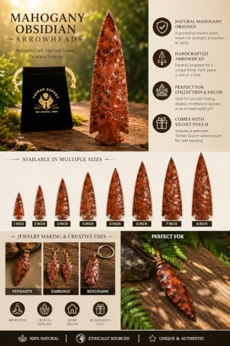 Hand-Carved Mahogany Obsidian Arrowhead, Select Size Obsidian Gemstone Spearhead Size - 3 Inch