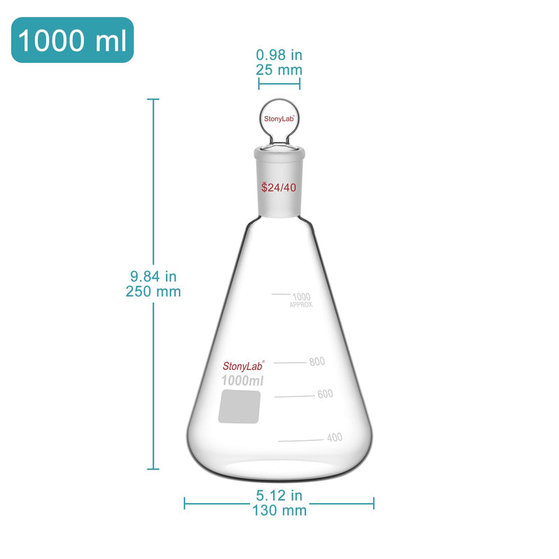 stonylab Glass 24/40 Erlenmeyer Flask with Stopper, 1000 ml Borosilicate Glass Heavy Wall Flask with 24/40 Standard Taper Outer Joint and Glass Stopper