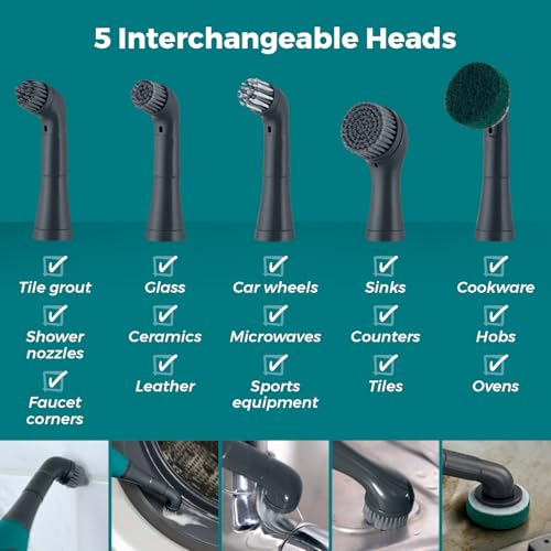 Tower Whiziwand Pro Electric Cleaning Brush, 13000RPM Motor, 5 Interchangeable Heads, Cordless Design, Waterproof (IPX7), Quiet Operation, Anthracite & Teal, T769010TL