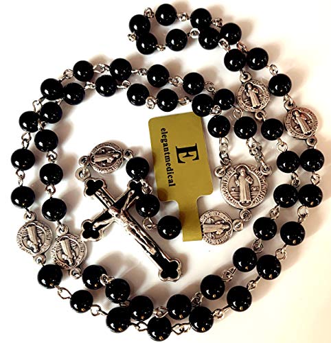 elegantmedical HANDMADE Catholic Saint St. Benedict Black Agate Beads Gift Rosary Necklace Cross Jerusalem