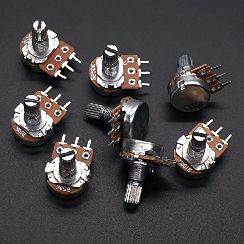 Taiss 100 Pieces Potentiometer Kit B1K B5K 10K 20K 50K 100K 250K 500K 1M Ohm Linear Taper Rotary Potentiometer B Type Potentiometer with Nuts, Washers and 3 Different Colors of Aluminum Alloy Knob F048 100 Piece Potentiometer Kit