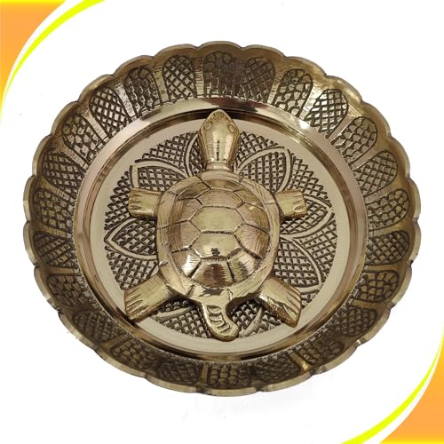 GURU JEE Fengshui Brass Turtle Tortoise Kachua on Metal Plate Vastu Statue Figurine Idol (Medium)