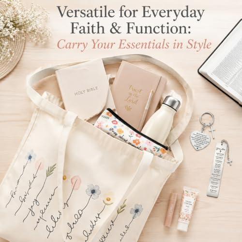 Baptism Gifts for Women - 4PCS Christian Gifts, Christian Cosmetic Bags, Flowers Bible Shoulder Bags, Bible Verse Keyring and Bookmark, Reusable Shopping Bag for Women,Religious Present for Communion