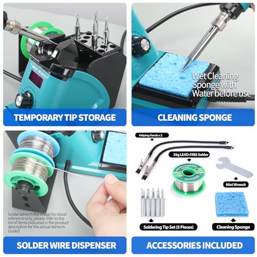 YIHUA 926LED III 60W Digital Display Soldering Iron Kit Soldering Station Set with 2 Helping Hands, 5 Additional Soldering Tips, Lead-Free Soldering Wire, Automatic Sleep Mode (EU Plug) Green