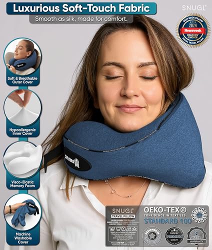 SNUGL Travel Pillow – Memory Foam Pillows - Neck Pillow for Airplane with Carry Bag & Clip – Neck Support Pillows for Pain Relief - Airplane Travel Essentials Adult Regular Blue
