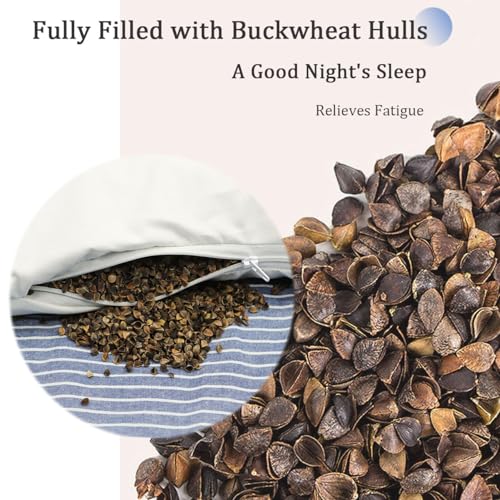 Buckwheat Pillow Cervical Neck Pillow, Buckwheat Hulls Filling Cooling Lumbar Support Pillow, Adjustable Firmness Ergonomic Design with Washable Cover, Blue 19"X7"
