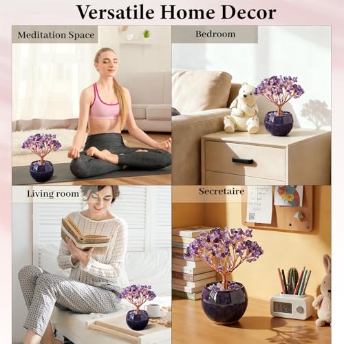 Runyangshi Amethyst Crystal Tree, Natural Tree of Life Gemstone Tree Handcrafted Crystal Gravel Ornament, Spiritual Feng Shui Home Decor, Luck Prosperity Abundance Gift for Women Purple