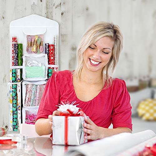 SumDirect white double-sided gift wrap organizer with hanging pockets for wrapping paper and gift bag storage.