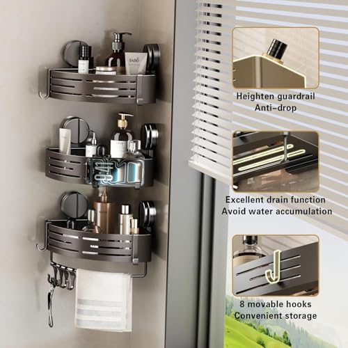 VOLPONE Shower Caddy Suction Shower Shelf No Drilling Shower Organizer Suction Cup Shower Storage Rack Aluminum Wall Mounted Shampoo Holder with Towel Bar Hooks (2-Pack, Matte Gray) 2