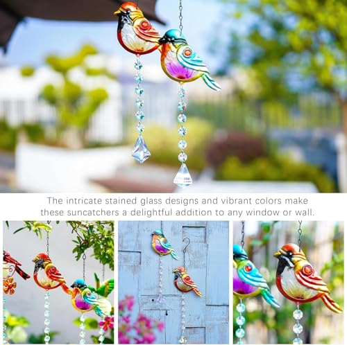 Stained Glass Bird Suncatchers with Crystal Prisms, Rainbow Light Effect Window Hanging Ornament for Christmas Tree, 21.2 Inch Length, Set of 2