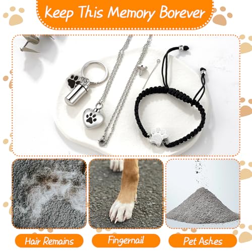 Cupimatch Pet Cremation Jewelry Set: 3 Pcs Stainless Steel Heart Pet Cats Dogs Urn Necklace Adjustable Paw Bracelet Memorial Ashes Keychain with Filling Kit