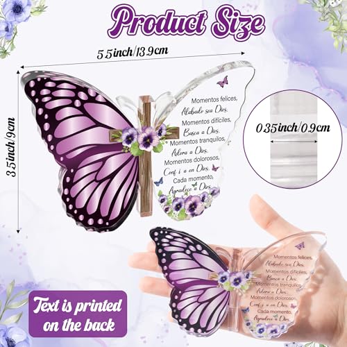 JAPBOR Acrylic Christian Religious Gifts - Spanish Bible Verses God Faith Inspirational Scripture Present for Women, Serenity Butterfly Cross Prayer Keepsake Desk Decor for Home Birthday (Violets) Violets