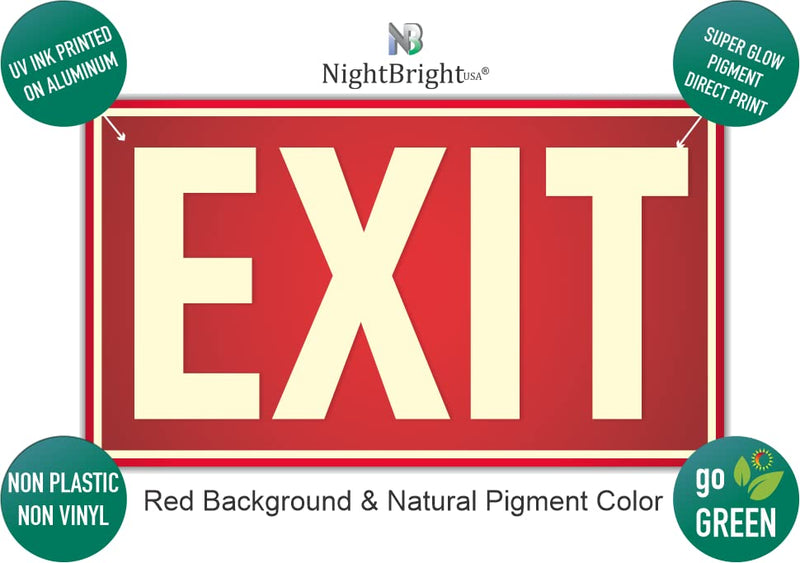 Photoluminescent Exit Sign (Red) / Pack of 2 / UV Inks on Aluminum. Heat Resistant | Cold Tolerant | Weather Proof. MADE IN USA.