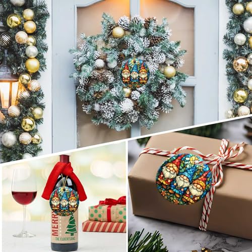 Christmas Gnome Ornament Round Ceramic Stained Glass Style Ornament Xmas Keepsake for Christmas Tree Winter Holiday Xmas Gift for Women Men Xmas Hanging Ornament 3" Christmas Gnome #H039
