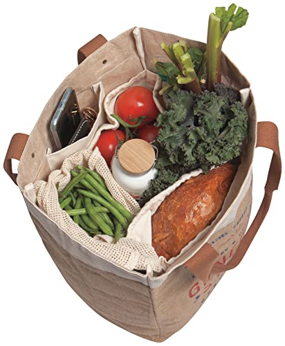 Now Designs reusable shopping tote bag with farmers market print, durable fabric, and spacious design for groceries and errands.
