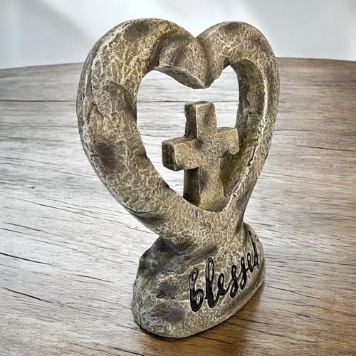 Top Brass Blessed Heart and Cross Standing Figurine – 5.5” Rustic Inspirational Statue with Engraved ‘Blessed’ Script, Christian Tabletop Décor, Faith-Based Home Accent, Spiritual Item for Loved Ones