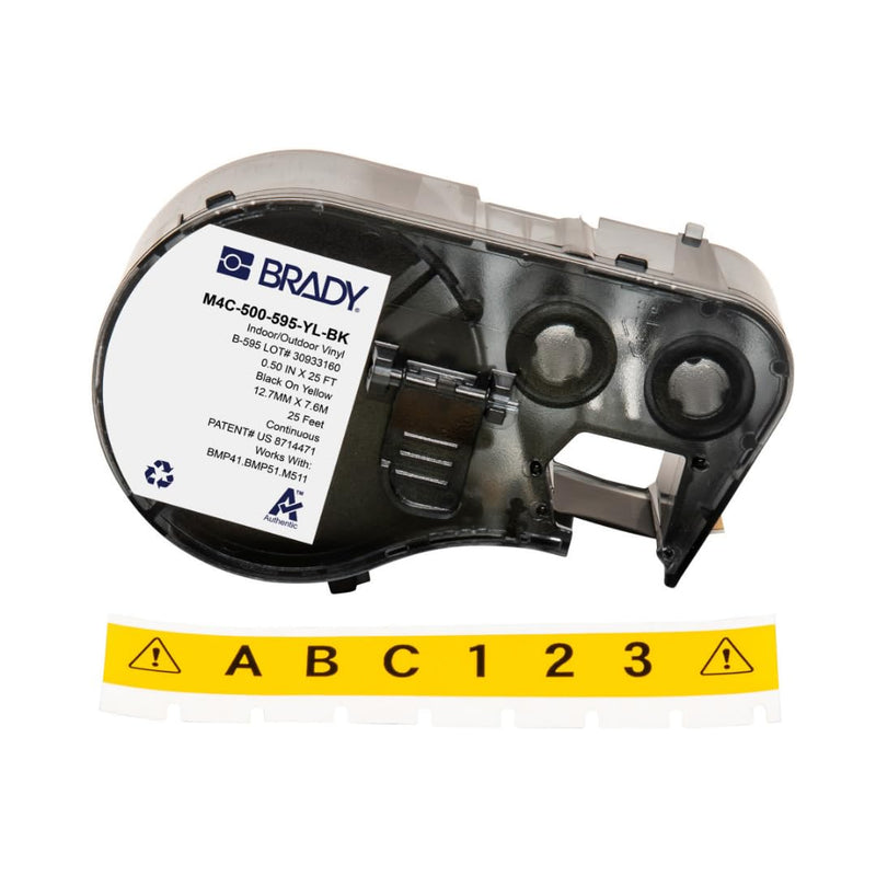 Brady Authentic (M4C-500-595-YL-BK) All-Weather Vinyl Labels 0.5 in W x 25ft Black on Yellow. for use with BMP41, BMP51, M410, M510, and M511 Label Printers.