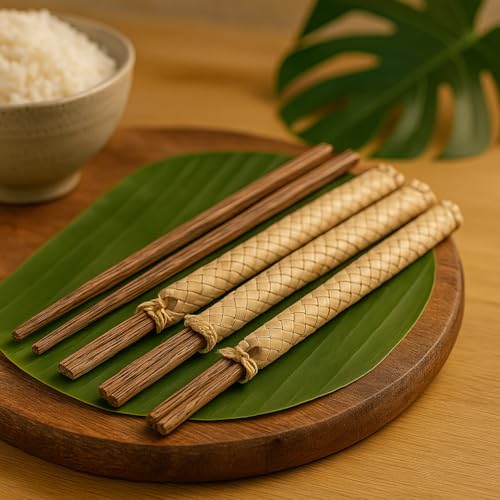 Hawaiian Coconut Wood 10” Long Chopsticks and Holders in Lauhala Sleeves Set of 4