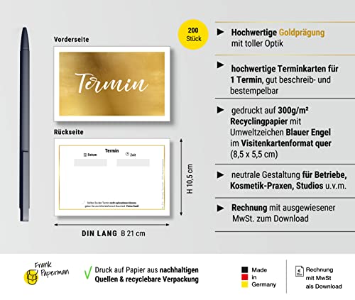 200 x appointment notes, gold, with high-quality gold foil embossing, 1 appointment on an appointment sheet, practice, business card format, landscape format 200