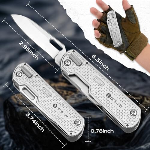 BIBURY 13-in-1 multitool pocket knife with clip, large scissors, and locking tools
