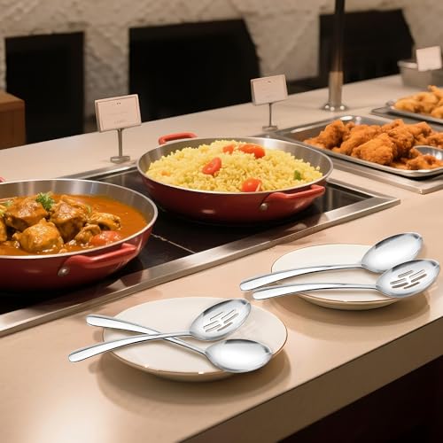 10.3-in Large Serving Spoons Set, 18/0 Stainless Steel, Heavy Duty, 2 Serving & 2 Slotted for Wedding Party Buffet Housewarming, Pack of 4