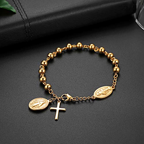 Flongo Cross Rosary Beads Bracelet, Vintage Stainless Steel Jesus Christ Crucifix Cross Bracelet for Men Women Christmas Wedding Gold