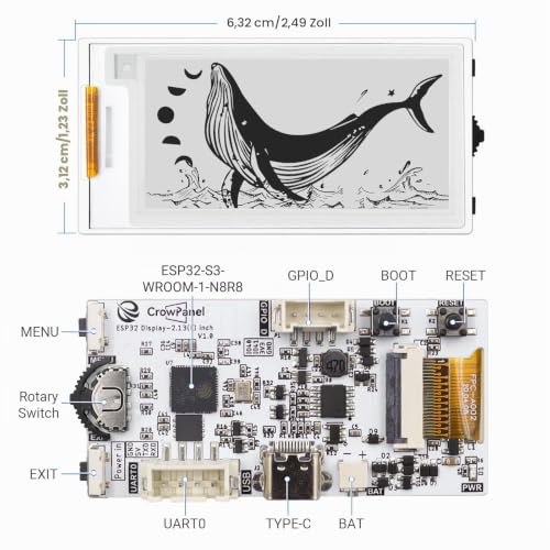 ELECROW CrowPanel 2.13 Inch E-Ink Display Module SPI Interface E Paper Screen Compatible with Arduino IDE for HMI Projects ESP32 E-Ink Display 2.13 Zoll