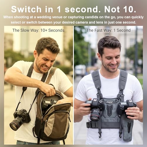 FOMITO Dual Camera Chest Harness System, Professional Photography Vest with Side Holster, Gray