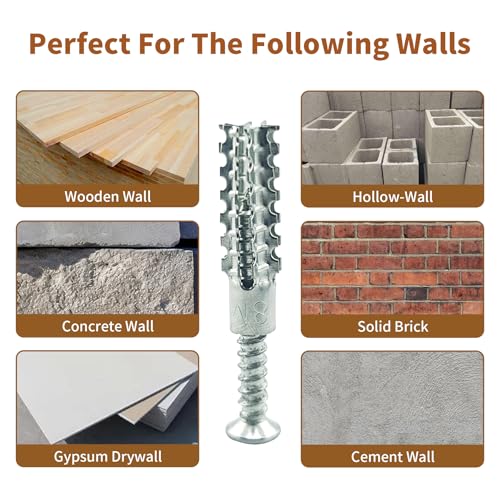 BOLTRIX heavy-duty hollow wall anchors with screws, loose hinge and stripped hole repair kit, silver 8x38mm, 60 pack
