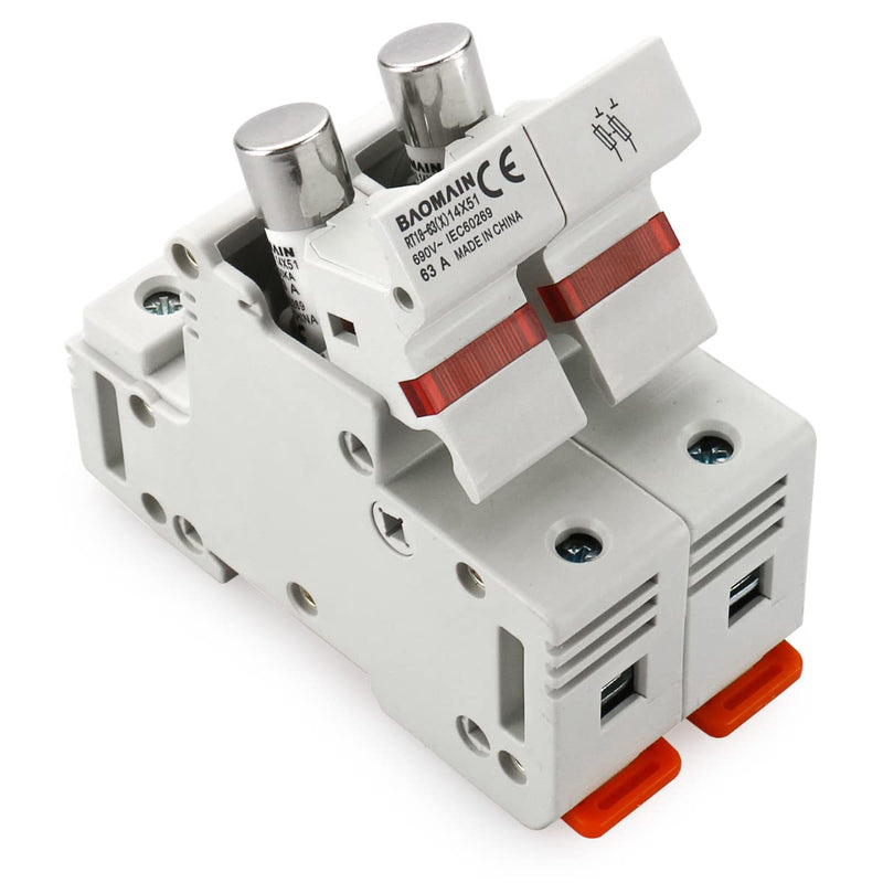 Baomain RT18-63 Fuse Holder Base with 10x40A Ceramic Fuses (14x51mm) – 2 Pole DIN Rail Mount, LED Indicator, CE Certified (40 Amp) RT18-63(X)-2P-40A