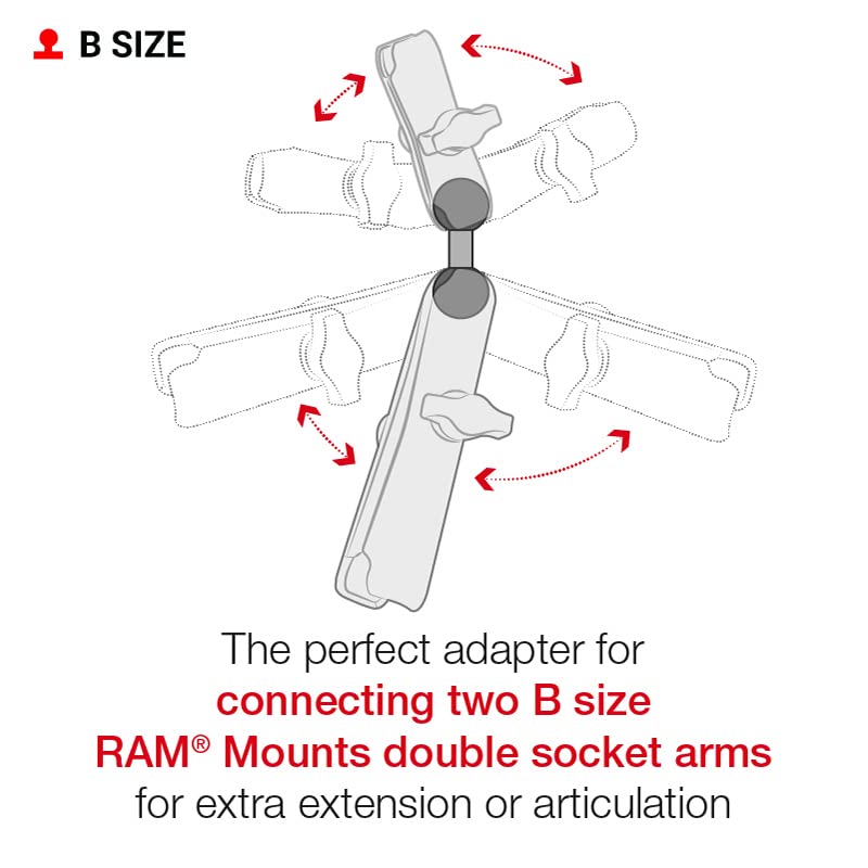 [Australia - AusPower] - RAM Mounts Double Socket Arm with Dual Extension and Ball Adapter RAM-B-201-201U-C Compatible with RAM B Size 1" Components 