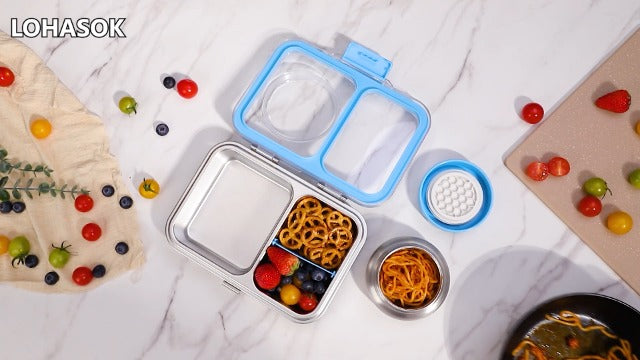 Kids Stainless Steel Bento Lunch Box with Insulated Soup Thermo, Leak-Proof BPA BPS Free Metal Lunch Container, Tritan Lid, Dishwasher Safe for School Boys Girls Adults Outdoor - Blue