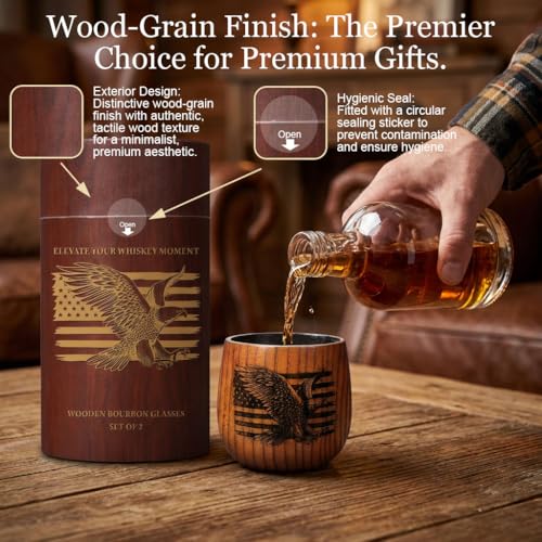 Original Charred Wooden Bourbon Drinking Glass, 11oz Handcrafted Engraved Wood Glass for Men | Unique Unbreakable Whiskey Glass for Dad, Brother, Husband Engrave-2 Pack