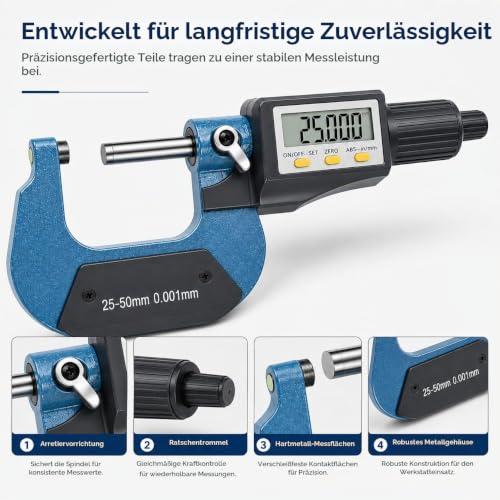 Digital Outside Micrometer, 25-50 mm/1-2 Inch LCD Micrometer, Electronic Digital Micrometer Caliper, Thickness Gauge, Length Measuring Tool 0.001 mm (0.00005 Inches)