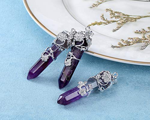 Jovivi 3 Pcs Healing Crystal Necklaces Flower Wrapped Amethyst Crystals Heart Stone Pendant Necklace Natural Reiki Energy Healing Quartz Gemstone Jewelry for Women Men 3pcs Amethyst