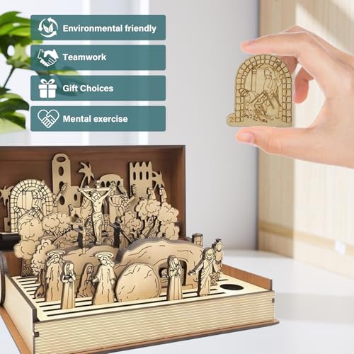 Gonggi Easter Holy Week Book, Wooden Easters Resurrection Scene Set, DIY Teaching Aid Christ Centered Keepsake Gift Handmade Family Home Decoration for Week Desktop Ornament