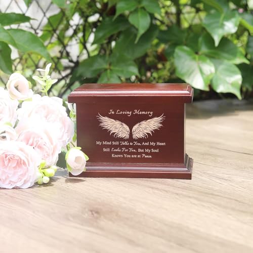 6 Inch Small Wooden Urn for Human Ashes - Keepsake Urn for Men & Women, Funeral Ashes Holder, Wooden Urn Box and Casket with Wing Design Design: Wing