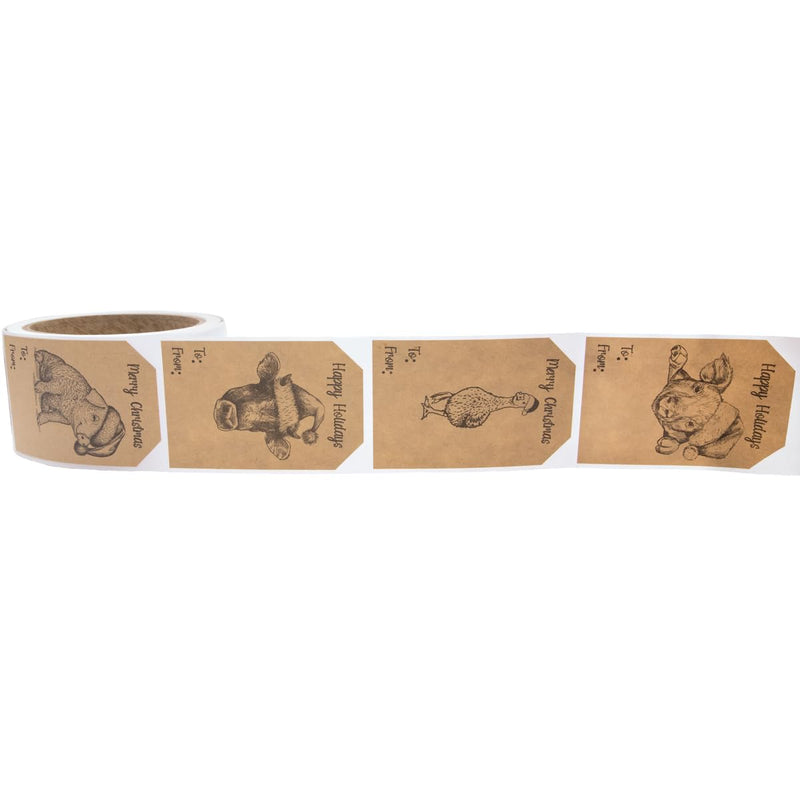 Natural Kraft Country Christmas Gift Tag Stickers – 2 x 3 Inch Vintage Farm Animal Designs – 100 Adhesive Labels Featuring Cow, Goose, and Pig – Eco-Friendly, Made in USA