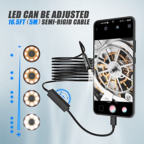 Lightswim 1920P Endoscope Snake Inspection Camera, Type-C Endoscope, Scope Camera with 8 LED Lights for Android and iOS Smartphones, iPhone, iPad, Samsung (16.5 ft/5 m) TENG-W400-ONE