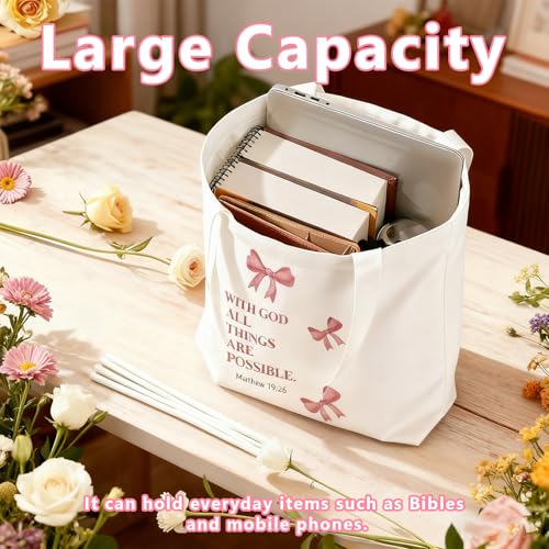 Huipalon Pink Christian Bag with Matthew 19:26 Scripture Quotes and Bow Design Minimalist Aesthetics Double-sided Bible Bags Christian Gifts for Women Girls