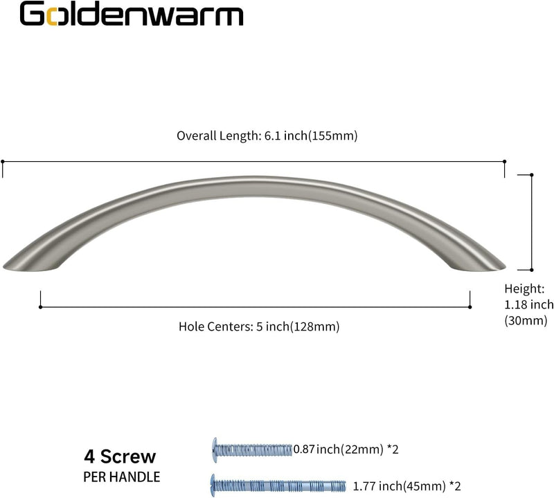 Goldenwarm Curved Cabinet Handles Solid Zinc Alloy Hardware for Dresser Brushed Nickel Drawer Pulls 5 Inch Hole Center, 10 Pack Brushed Satin Nickel